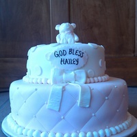 Hailey's Christening Christening cake for my cousin : ) Top tier is chocolate WASC with cookies and cream buttercream and bottom is WASC with PB cup buttercream...