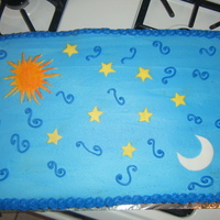 Stars, Moon And Sun It was a two layer half sheets. She only said she wanted the sun and the moon, this is what i came up with