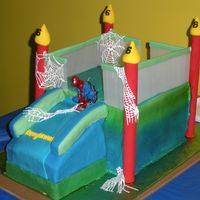 Spiderman Bounce House Spiderman bounce house...Rainbowlicious and chocolate cake with bc...sugarveil webs..