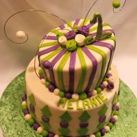 First Birthday Cake Green, White and Lavender with silver accents topsy turvy cake with fondant roses covered in MMF