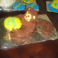 3-D Monkey Birthday Cake I used the wilton small 3-D bear mold and added arms and legs with fondant. I also used chocolate and vanilla buttercream icing.