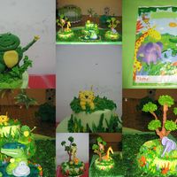 Safary bizcocho confecionado en frosting y modelaje de mu&ntilde;ecos y arboles en az&uacute;car