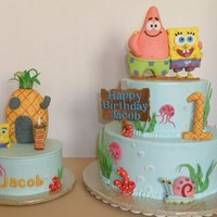 Spongebob Patrick And Gary Birthday 6" & 9" stacked cake and 6" smash cake, all fondant used to make decorations, pineapple is made of RCT. Thanks Cake...
