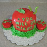 An Apple A Day Golden cake with almond icing, covered in MMF...My first attempt at air brushing a cakeWorms are gumpaste, leaves and letters are...