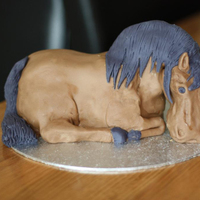 Horse Cake Carved out of vanilla cake with strawberry preserve and buttercream filling.