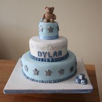 Boy's Christening Cake Chocolate bottom tier, vanilla and strawberry middle tier with lemon drizzle top tier.