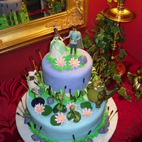 Princess And The Frog Two-tier cake covered in fondant with gumpaste decorations. Figurines set from The Disney Store.
