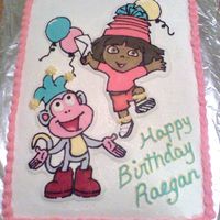 Dora The Explorer And Boots Flat Sheet cake, FBCT, all buttercream frosting.I forgot to add backpack to her shoulders.....Dang!!