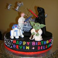 Star Wars Cake This is a Star Wars cake I made for twin 6 year olds. The Death Star is in the back with Tie-fighters coming out of it and the four figures...