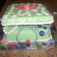 Jewelrybox2.jpg Jewelry box for a jewelry party. Completely covered in fondant. The lid is a rices crispie treat covered in fondant with scroll work!!!!