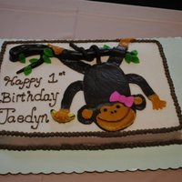 Pink Monkey Cake 12x18 half sheet cake, French Vanilla cake with buttercream frosting. Monkey and branch made with chocolate fondant. Thanks to TexasKathy...