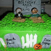 Zombie Cake This a double layer 12 inch square iced in butter cream. The tombstone is cardboard covered in fondant. The zombies are gum paste and...
