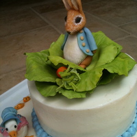 Peter Rabbit And Friends Baby shower cake with Peter Rabbit theme. Includes Jemima Puddle duck and Timmy Willie mouse, all in sugar paste.