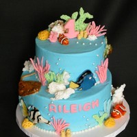 Coral Reef Birthday Buttercream frosted with fondant accents. Everything is edible. The fish were shaped and hand painted, the white coral is cooked royal...