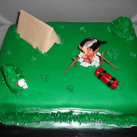 Camping Chocolate cake, w/ marshmallow and graham cracker filling, toasted marshmallow and graham cracker icing. Fondan, fondant accents and...