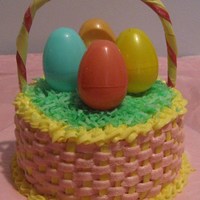 Easter Basket Cake Buttercream basketweave, green coconut for the grass, plastic Easter eggs, and non-edible handle.