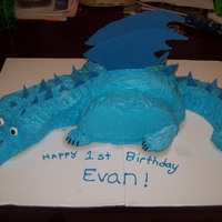 Blue Dragon I hand carved this cake, it is all marble cake and buttercream icing, the spikes on the dragons back and tail, head are white chocolate...