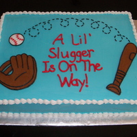 Little Slugger 11 X 15 sheet cake with butter cream icing and details for baby boy on the way. His nursery is sports themed, so I tried to go along with...