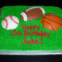 Sports Bday Sports birthday cake. i used a 11 X15 sheet cake, 2 layers and then carved the balls out of about half of the top layer. Grass tip used all...