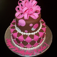 Pink And Brown Dots 5 and 8 inch rounds covered in fondant with fondant bow, dots, and diamonds.