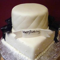 Two Tier Bday Cake Black and white inspired b-day party, cake was strawberry shortcake, bows airbrushed black done in gumpaste/fondant