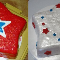 4Th Of July White cake with swirls of red & blue, filled with chocolate buttercream and covered in fondant.
