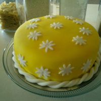 Easter Cake Airbrushed yellow fondant covered white vanilla cake .