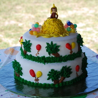 Curious George Fondant covered, palm trees piped in buttercream, the bananas, some are gumpaste and some are candy. Cake is yellow cake with strawberry...