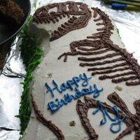 T-Rex Skeleton Cake My son wanted a T-Rex Skeleton cake for his 3rd birthday. A friend made me a template and I iced it with BC.