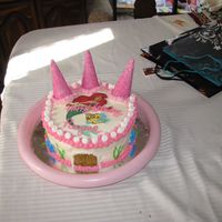 Little Mermaid Castle Frosted with BC, characters are chocolate transfer method, cones are sugar cones iced and rolled in pink sugar sprinkles.