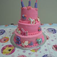 My Little Pony Buttercream frosting with gumpaste flowers and plastic ponies.