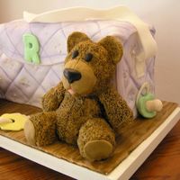 Baby Stuff This is our take on the diaper bag and baby stuff. We made it for a friend's shower. The bag is cake covered in fondant. The bear and...