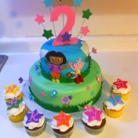 Dora The Explorer Hi,This cake is a 10" vanilla cake with strawberry filling and 6" chocolate wasc with strawberry filling. MMF fondant and...