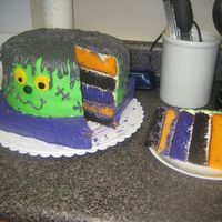 Frankencake I made a Frankencake with frosting hair and stitches and a fondant face. I used dye in vanilla cake to make the orange and purple cake and...