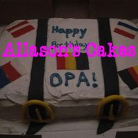 Kari's Dad's Suprise Birthday Cake! Chocolate cake, White icing, fondant