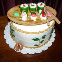 Birthday Sushi Cake Butterpecan cake , bavarian cream filling. Sushi rolls are twinkies with fruit roll ups for seaweed Thanks to all the CC members for all...