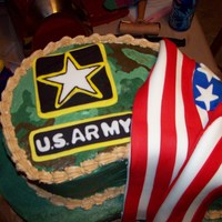 Army Strong Going away cake for Grand-son joining the army. Butterpecan cake with bavarian cream filling. Fondant patches and flag