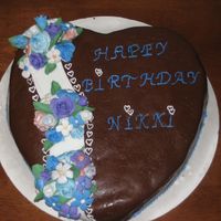 Heart/flowers This was I cake I made for my daughters 15th birthday. Chocolate cake with chocolate fondant. The flower are made from fondant.