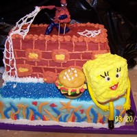 Sponge Bob ,spiderman I know this is a strange combo, but It was a request. Spongebob layer is fondant. Spongebob is carved cake with buttercream, fondant legs...