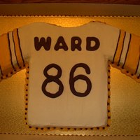 Steeler Jersey Cake--Hines Ward Steeler jersey cake for my mom's 83th birthday. She is a die-hard Steelers fan and loves Hines Ward. Strawberry cake with strawberry...