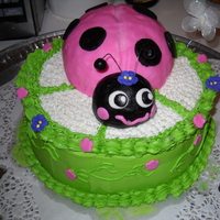 Ladybug Birthday Cake This is a RKT Ladybug covered with fondant and a few fondant flower accents. The rest is buttercream. TFL:)