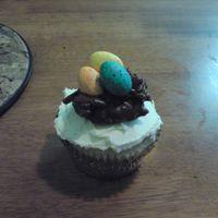 Easter Nests Cupcakes. Made from homemade Madeira Cake, butter cream icing, changs noodles, melted chocolate and butter, speckled easter eggs.