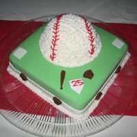 Baseball Birthday The baseball is buttercream vanilla cake. The base is 1/2 chocolate cake 1/2 vanilla cake. It is covered in fondant.