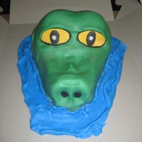 Alligator Cake Carved the alligator head shape, covered and shaped final ridges w/fondant. Blue fondant around base to appear as the head is peeking out...