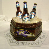 Tim's Beer Bucket Cake Made for a friend's 50th birthday. He likes two things: Miller Lite and The Baltimore Ravens. First time making Beer bottles/ice....