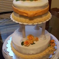 Wilton Course 3 Finale Both tiers are dreamsicle cake with vanilla buttercream, fondant bow & handmade 50/50 fondant & gum paste roses and leaves (each...