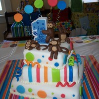 Monkey Cake The top tier is white cake torted with buttercream, second tier is orange torted with orange buttercream and the bottom is chocolate torted...