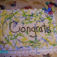 8Th Grade Recognition Cake Buttercream icing. roung tips to put strings in different colors all over cake. Used computer graffics of balloons.