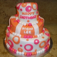 Funky Circles 3 tier topsy turvy classic butter cake with dulce de leche filling. Decorated with MMF. This was my first topsy turvy cake. I think I did a...