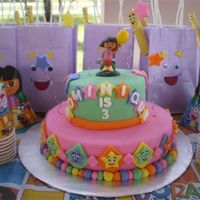 Dora 2 tier cake. Classic butter cake on bottom and small choc cake on top.